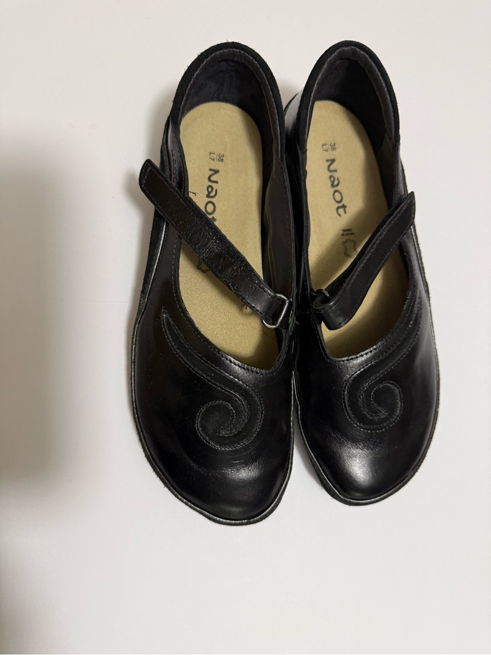 Naot Black Leather Mary Jane Flats with Spiral Stitch Detail
